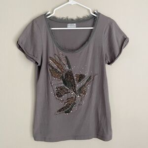 Vintage Jeanswest beaded hummingbird scoopneck short sleeve top Medium